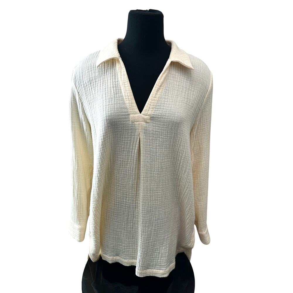 SOFT SURROUNDINGS | Cream Cotton Gauze Tunic Top Boho Collared Blouse | Large - Picture 4 of 8
